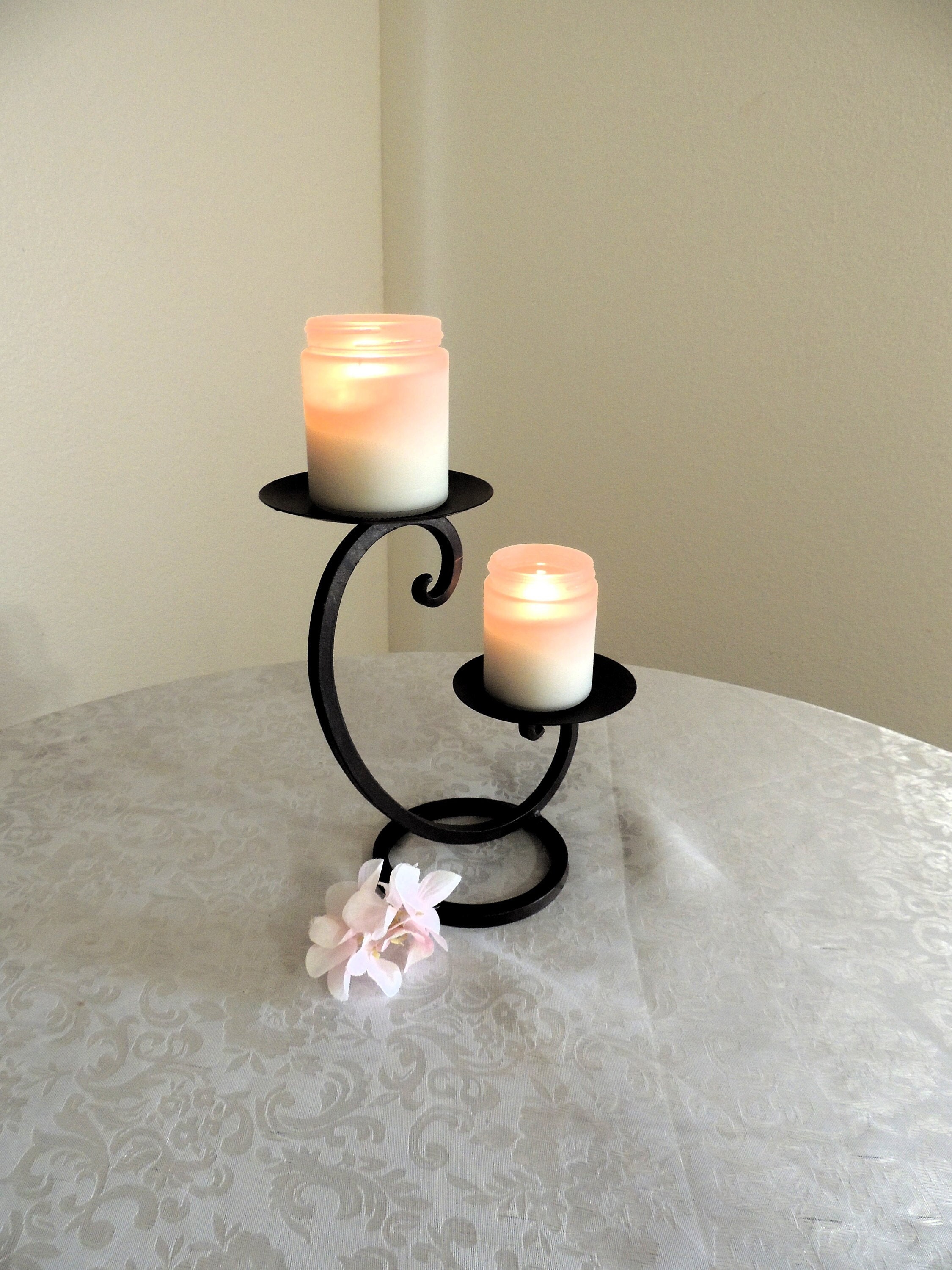 Wrought Iron Scrolled Double Candle Holder in Dark Brown.