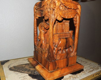 Rare 1950s Hand carved Teakwood Table Lamp With Shell Shade.