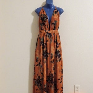 Vintage 1960's Ossie Clark Style Halter Dress with Spaghetti Straps and Orange Celia Birtwell Floral Print. image 6