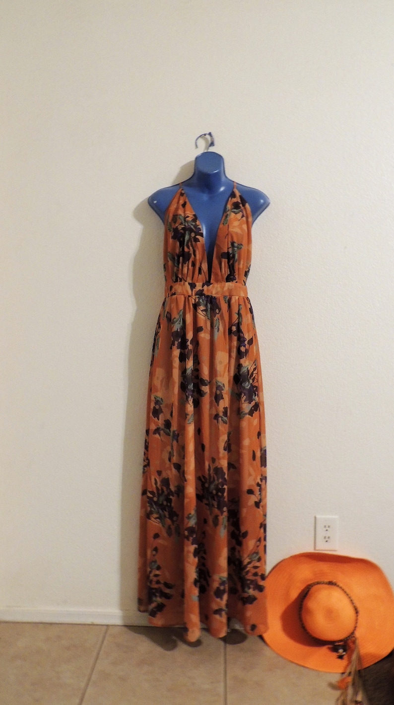 Vintage 1960's Ossie Clark Style Halter Dress with Spaghetti Straps and Orange Celia Birtwell Floral Print. image 6