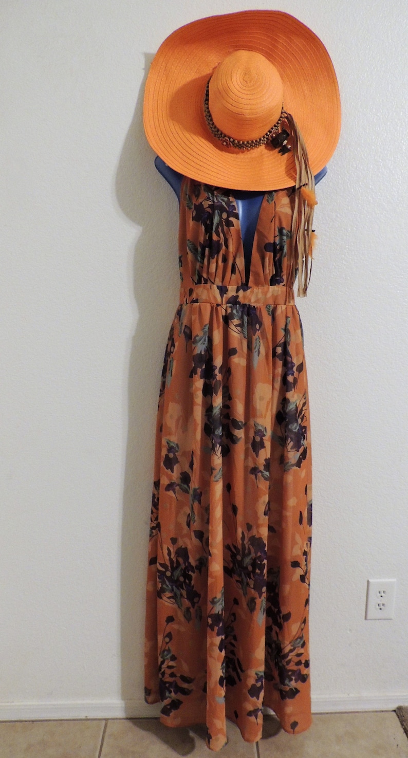 Vintage 1960's Ossie Clark Style Halter Dress with Spaghetti Straps and Orange Celia Birtwell Floral Print. image 5