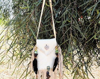 Handmade Forage, Forest, Crystal Bag, Medicine bag.  Hip Purse,  Buckskin with Fringe.