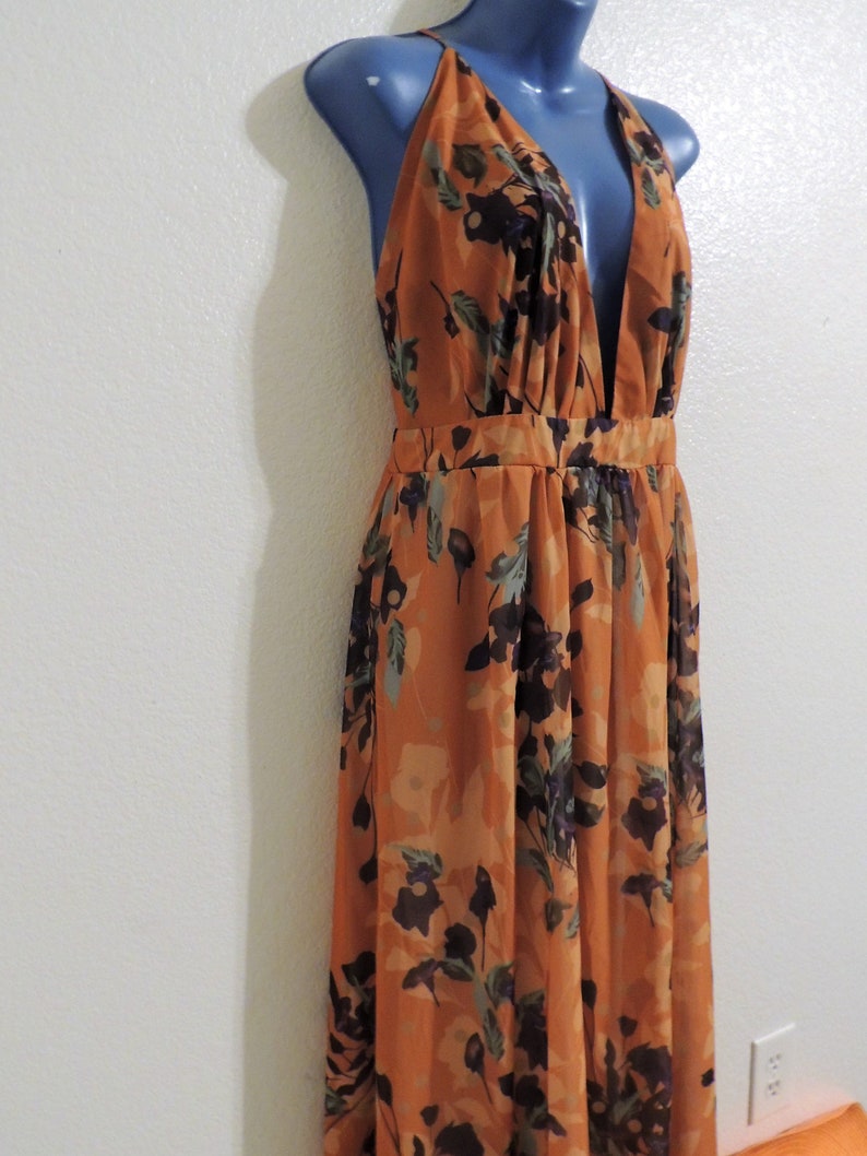 Vintage 1960's Ossie Clark Style Halter Dress with Spaghetti Straps and Orange Celia Birtwell Floral Print. image 7