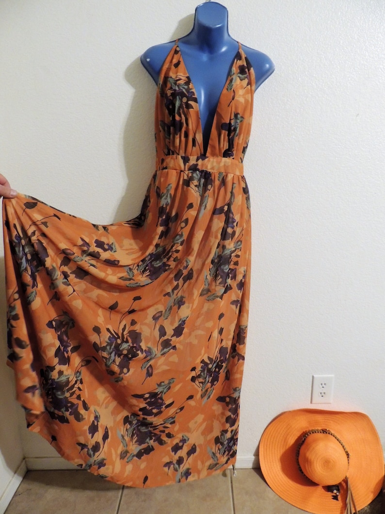 Vintage 1960's Ossie Clark Style Halter Dress with Spaghetti Straps and Orange Celia Birtwell Floral Print. image 1