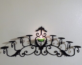 Large Wrought Iron Wall Sconce Nine pillar Candle Holder. Black Victorian Candle Holder.