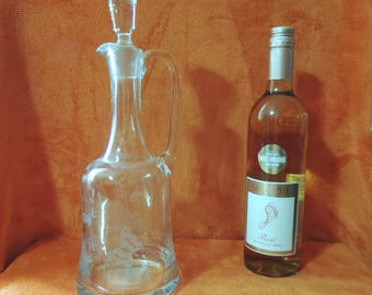 1970s Toscany Etched Glass Decanter - Butterfly & Flowers Pattern - Hand Blown Romanian Crystal with Stopper.