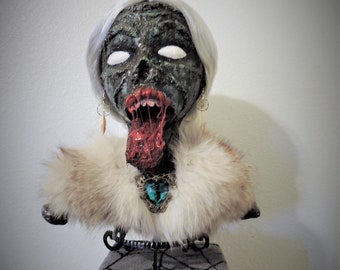 REDUCED! Life Size Creepy Mrs. Zombie Bust Halloween Prop Attached to Vintage Iron Stand.