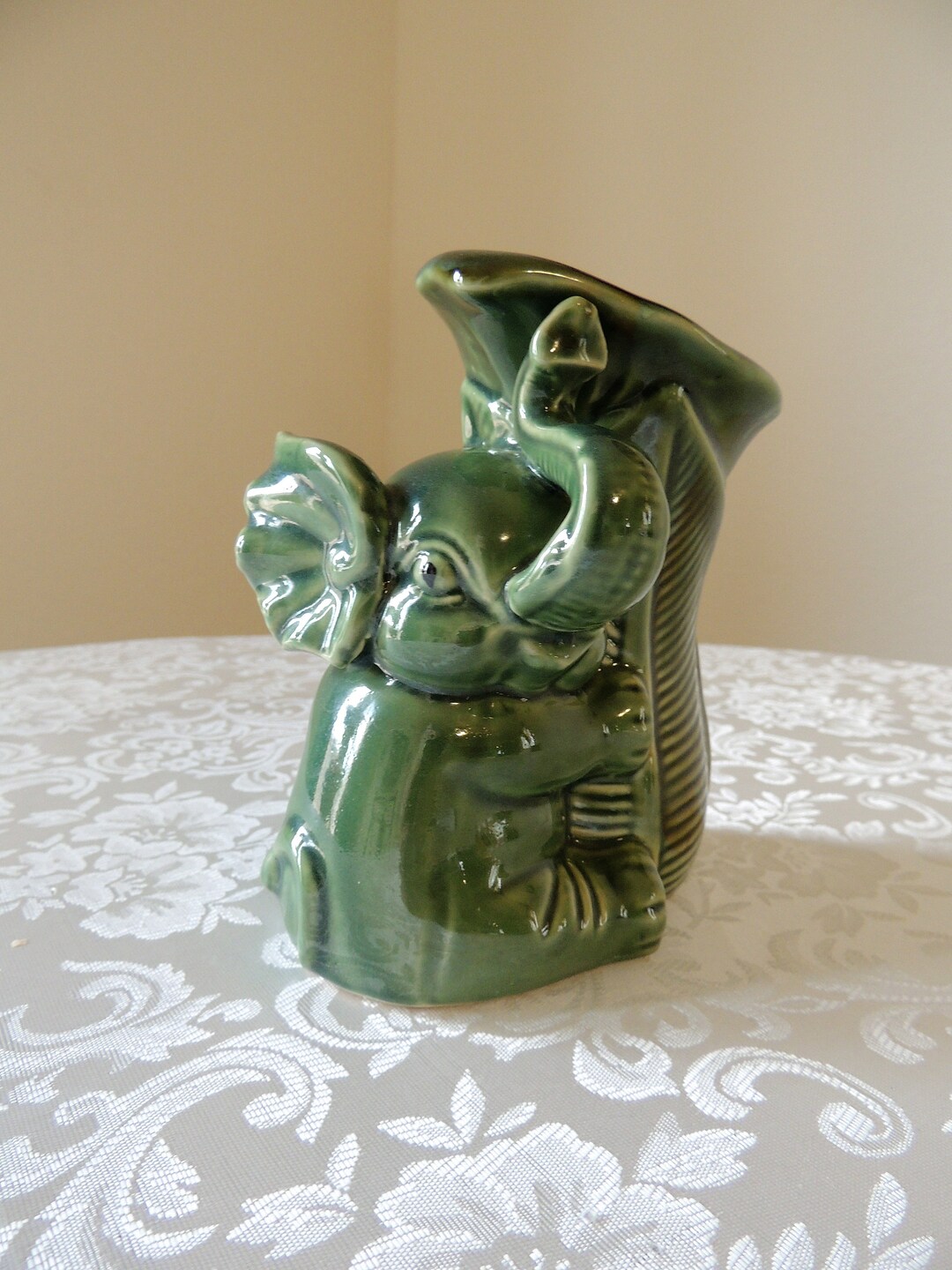 Vintage Ceramic Baby Elephant Vase, Planter, Trinket Vessel Gloss Green