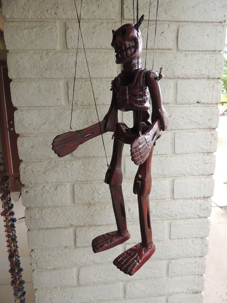 Vintage Restored Old Handmade Wooden Marionette String Puppet Folk art Mexican Day of The Dead El Diablo Devil Skeleton Hand Carved .