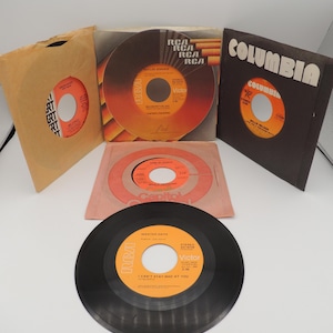 May include: A collection of five vinyl records, including a black vinyl record with the text "I Can't Stay Mad At You" and the artist "Saketer Davis" on the label. The other records are orange and white with the labels "Columbia", "RCA Victor", and "Capitol".