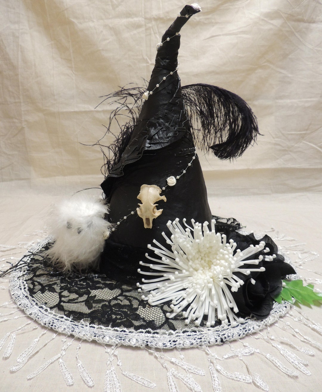 REDUCED! Adult Witch Hat, Leather Witch Hat With Real Skull  display picture 1