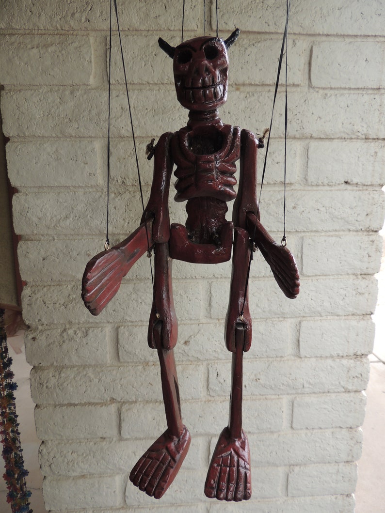 Vintage Restored Old Handmade Wooden Marionette String Puppet Folk art Mexican Day of The Dead El Diablo Devil Skeleton Hand Carved .