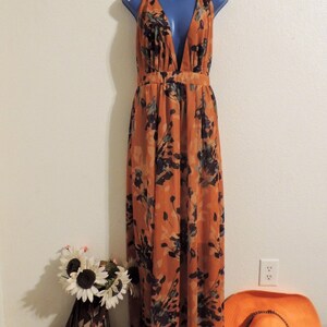 Vintage 1960's Ossie Clark Style Halter Dress with Spaghetti Straps and Orange Celia Birtwell Floral Print. image 2