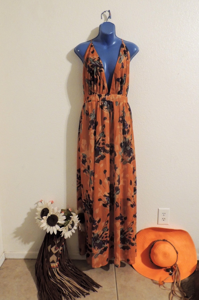 Vintage 1960's Ossie Clark Style Halter Dress with Spaghetti Straps and Orange Celia Birtwell Floral Print. image 2