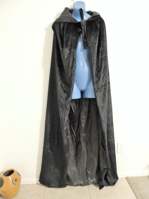 Hooded Black Cloak, Crushed Panne Velvet, Satin L… - image 2