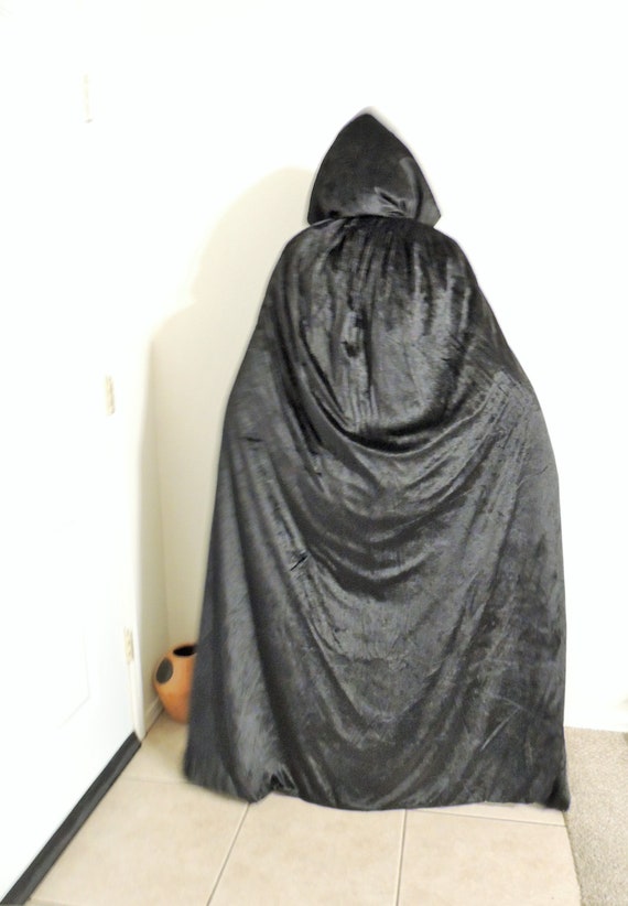 Hooded Black Cloak, Crushed Panne Velvet, Satin L… - image 5