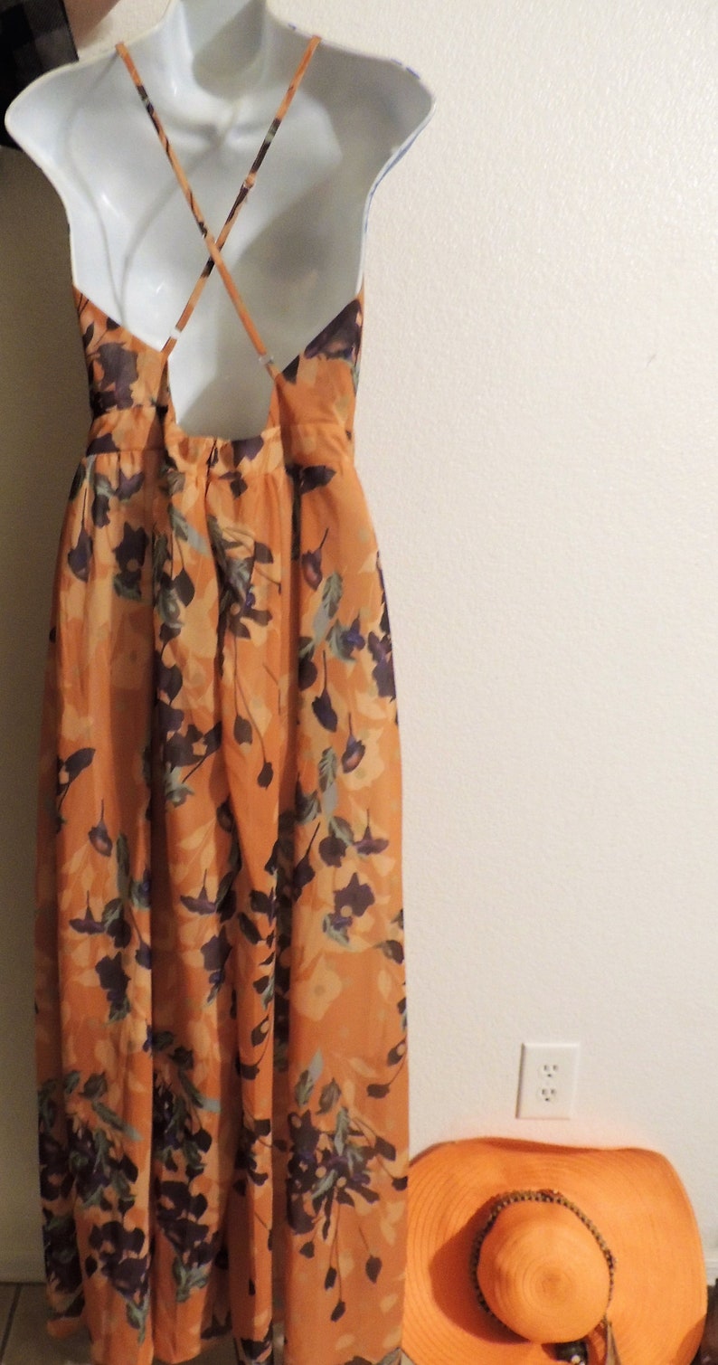 Vintage 1960's Ossie Clark Style Halter Dress with Spaghetti Straps and Orange Celia Birtwell Floral Print. image 4