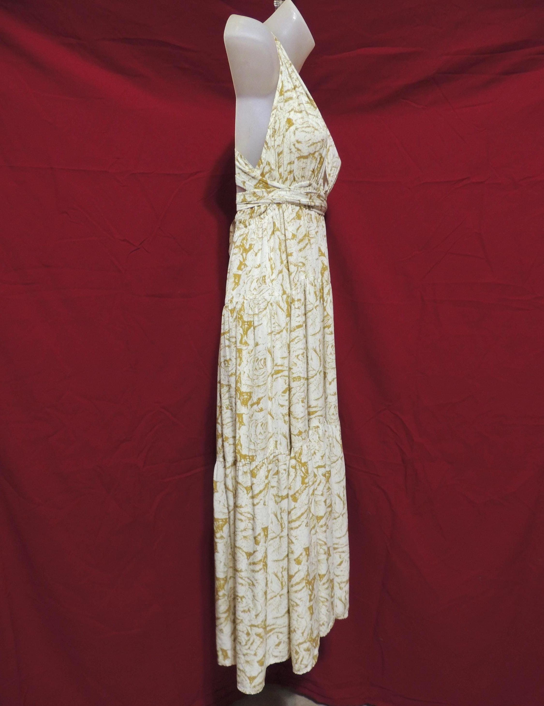 chinese dress ladies Aakaa Mustard Paisley Print V-Neck Button Front Maxi Dress- Size S  The  Saved Collection