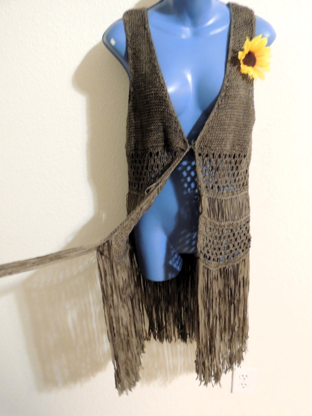 Indigo Thread Co. Long Fringed Knit Vest in Khaki Size Small. - Etsy