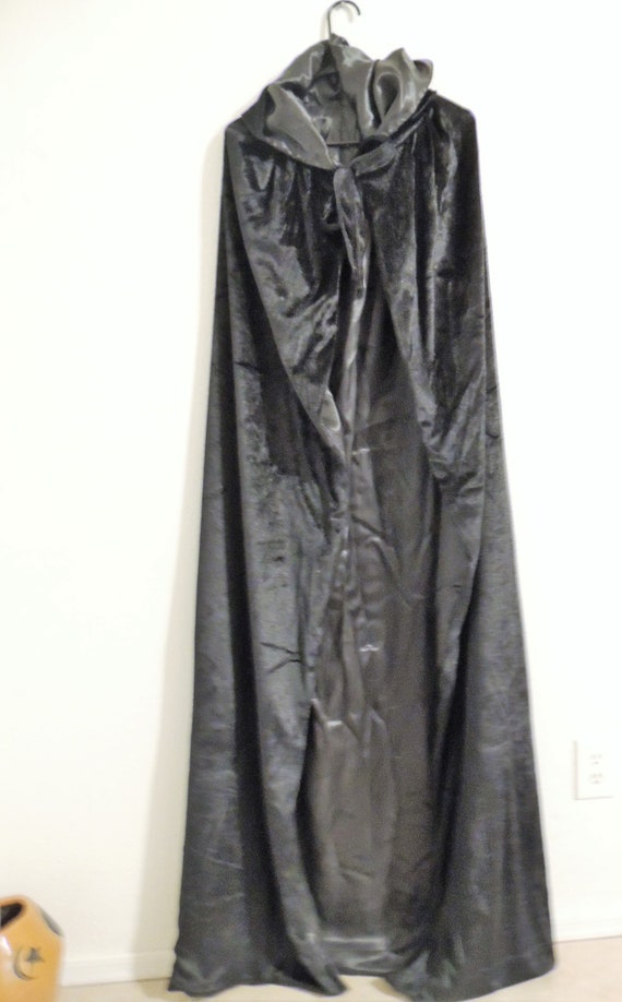 Hooded Black Cloak, Crushed Panne Velvet, Satin L… - image 8