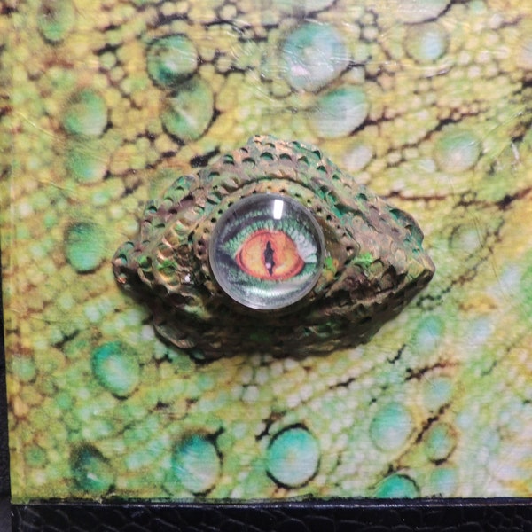 Reptilian, Lizard, Snake, Dragon, Keepsake Box, Decoupaged with hand sculpted 3D Lizard Eye and faux reptile skin on edges