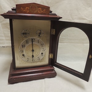 Early 1900s  Kienzle Mahogany  Mantel Clock Bracket Clock Hand Painted With Westminster Striking mechanism German Made.