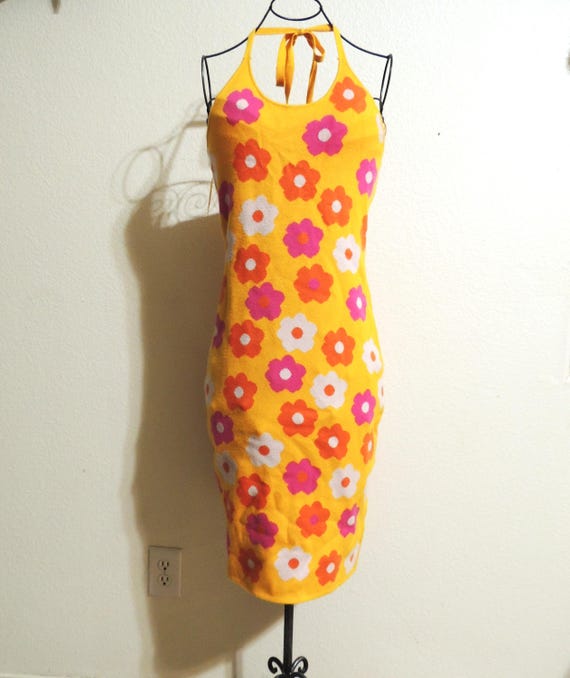 Willow & Wind Boho Hippie Floral Orange Pink Halter Sweater Dress, Size Medium.