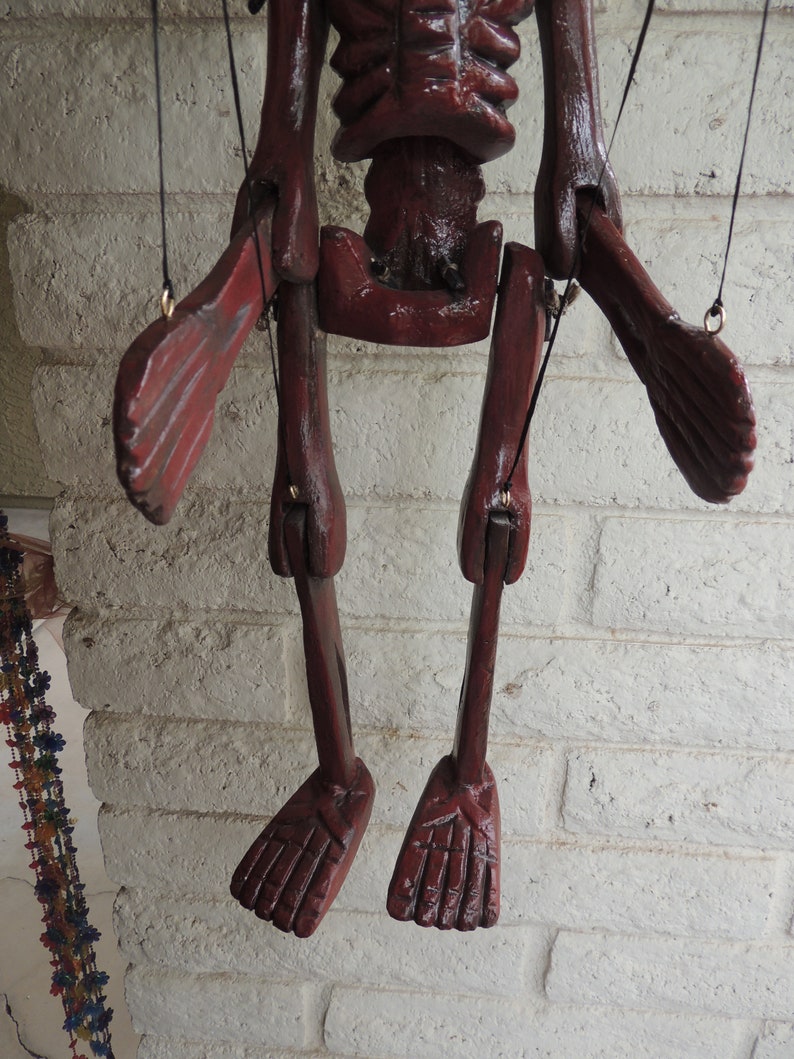 Vintage Restored Old Handmade Wooden Marionette String Puppet Folk art Mexican Day of The Dead El Diablo Devil Skeleton Hand Carved .