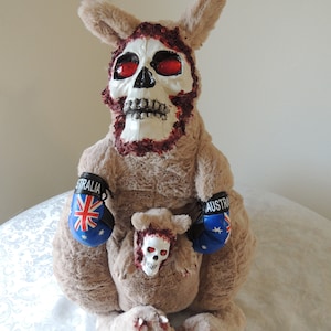 Handmade Creepy Boxing Plush Kangaroo Mom with Creepy Baby Joey 24" Large Klappar Kanguru.