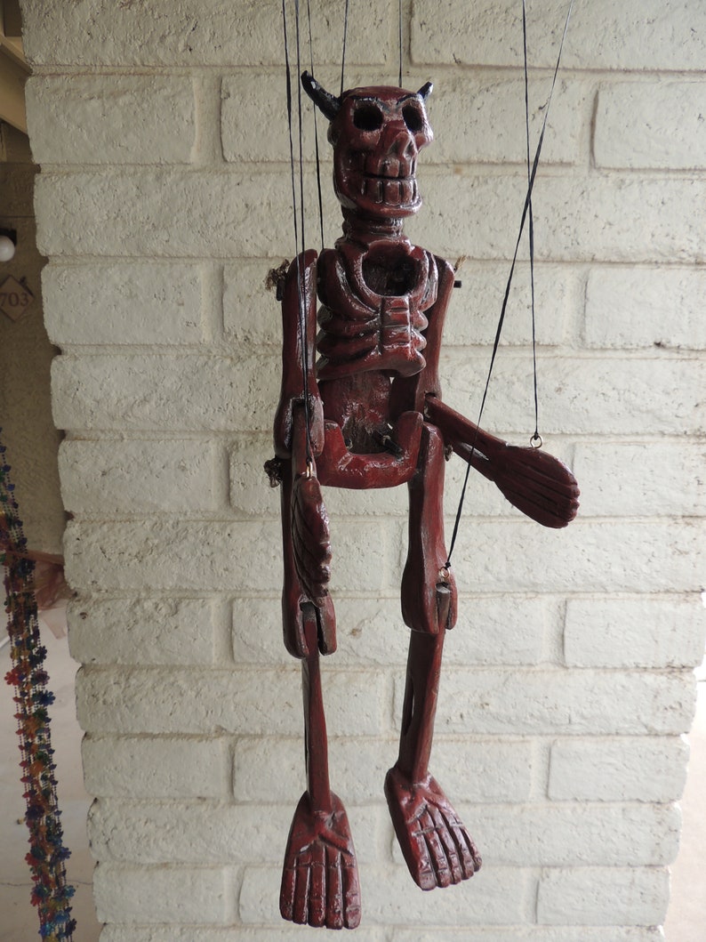 Vintage Restored Old Handmade Wooden Marionette String Puppet Folk art Mexican Day of The Dead El Diablo Devil Skeleton Hand Carved .
