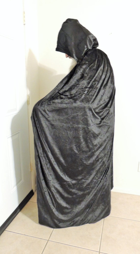 Hooded Black Cloak, Crushed Panne Velvet, Satin L… - image 1