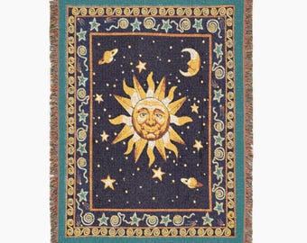 Vintage 90s Celestial Sun and Moon Woven Blanket | Starry Sky Tapestry Throw Whimsigoth Replica