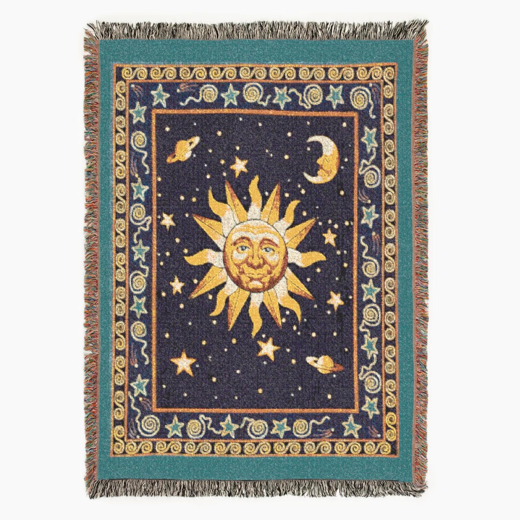 Vintage 90s Celestial Sun and Moon Woven Blanket | Starry Sky