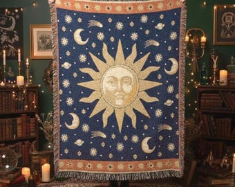 Vintage Celestial Sun & Moon Woven Blanket – Cosmic 90s Whimsigoth Throw Replica