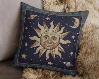 Vintage 90s Sun and Moon Celestial Pillow | Faux Suede Square Pillow Replica