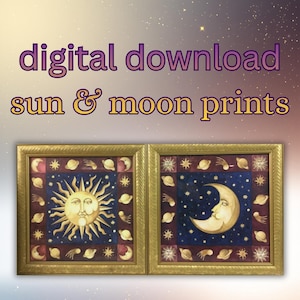 Puede incluir: Descarga digital de impresiones de sol y luna. Dos impresiones artísticas enmarcadas con marcos dorados. Una impresión presenta un sol con rostro, la otra una luna creciente. Ambas tienen elementos celestiales y fondo azul oscuro.