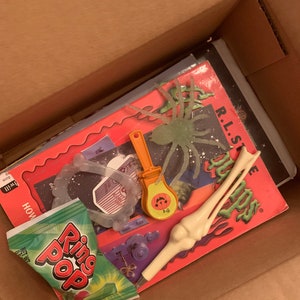 May include: A cardboard box filled with Halloween themed items, including a green spider, a plastic bone, a Ring Pop candy, a clear plastic ring, and a book titled "R.L. Stine's Goosebumps".