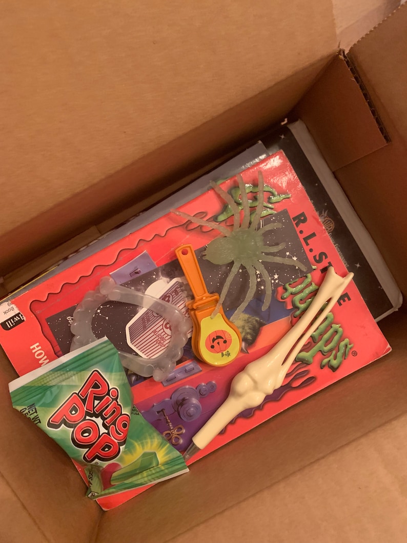 May include: A cardboard box filled with Halloween themed items, including a green spider, a plastic bone, a Ring Pop candy, a clear plastic ring, and a book titled "R.L. Stine's Goosebumps".