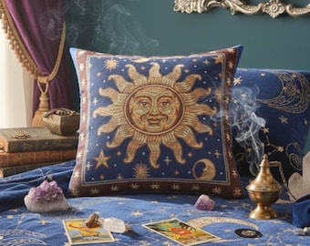 Vintage 90s Sun and Moon Celestial Pillow | Faux Suede Square Pillow Replica