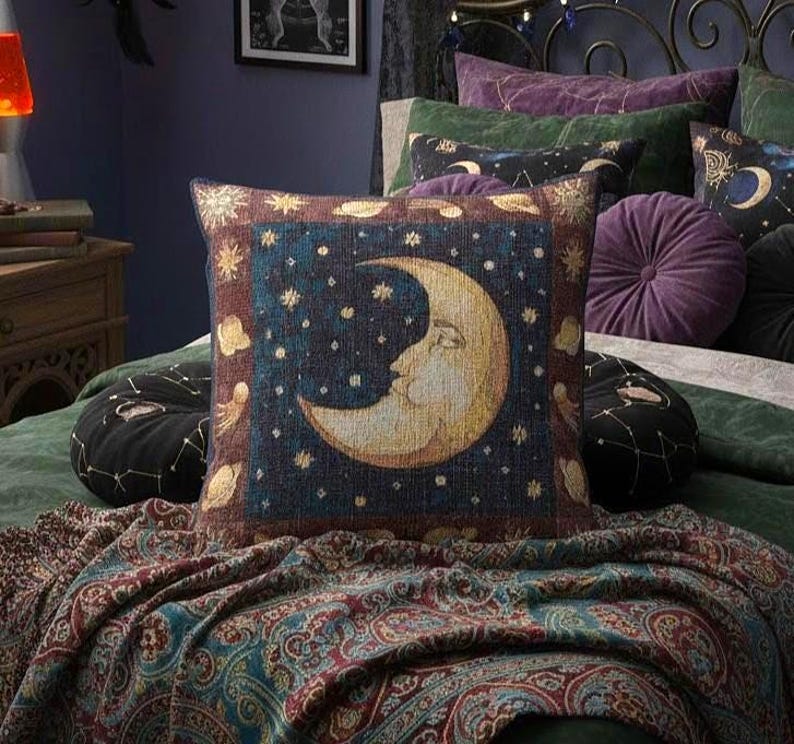 Crescent Moon Face Woven Pillow | Starry Night Boho Throw Cushion