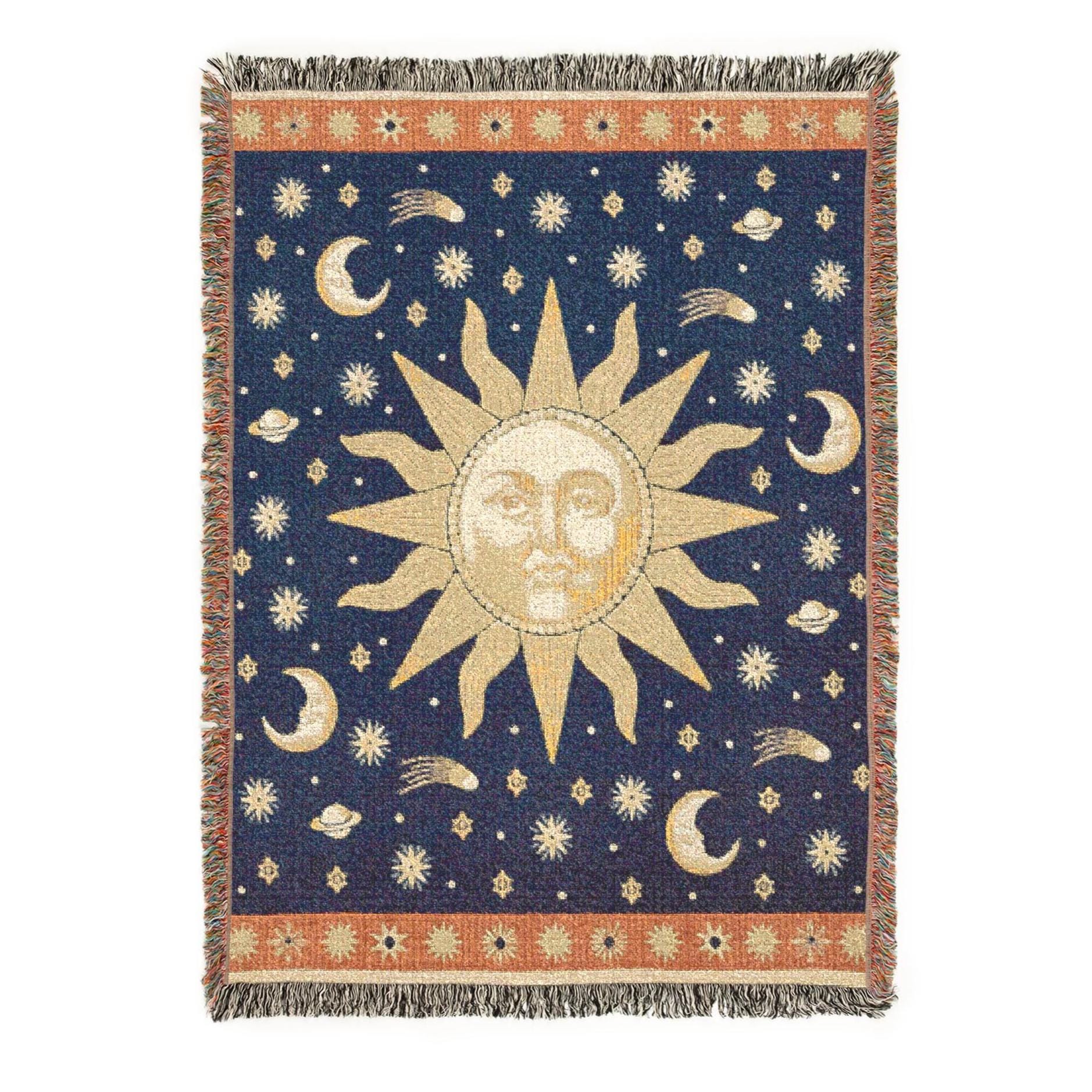 Jupe De Lit Vintage Céleste Bleu - Motifs Soleil, Lune, étoiles - Taille Twin Avec Volants