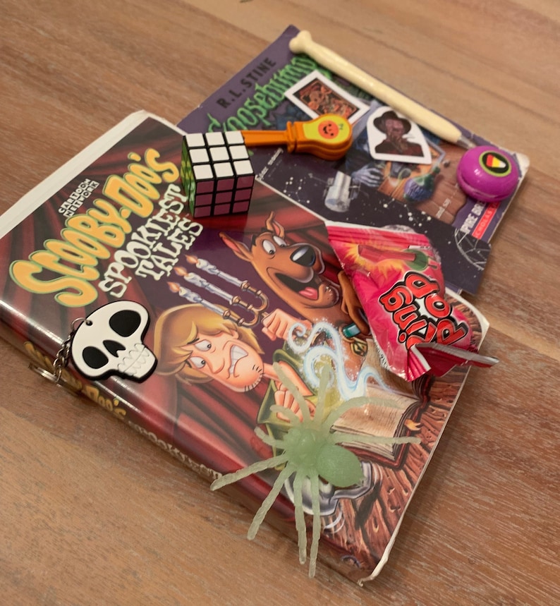 May include: A Scooby-Doo VHS tape with a spooky theme, a green plastic spider, a Rubik's cube, a candy wrapper, a book titled "Goosebumps", a bone-shaped pencil, a small plastic pumpkin, and a purple and yellow sticker.