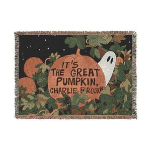Manta tejida de Charlie Brown y la Gran Calabaza, manta de Halloween de Peanuts, tapiz de huerto de calabazas, decoración otoñal nostálgica