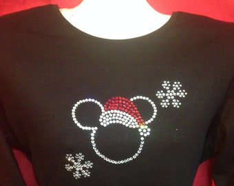 Disney Christmas Shirt Women's Rhinestone. Mickey Santa Hat crystal snowflakes. SHORT LONG Sleeve Misses S, M, L, XL, Plus size 1x, 2X, 3X