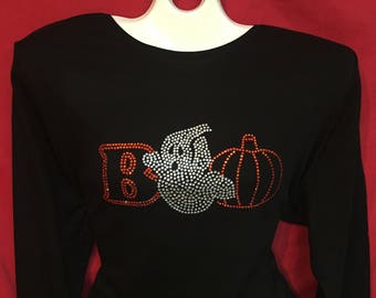 boo with ghost halloween rhinestone crystal womens shirt short long sleeve misses s m l xl plus size 1x 2x 3x shirts