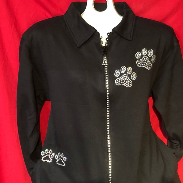 Dog Paw Prints Heart Rhinestone Crystal Women's Crystal Zipper Jacket  LONG Sleeve Misses S, M, L, XL, Plus size 1X, 2X, 3X Coat