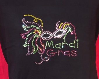 Mardi Gras Shirt, Mardi Gras Bling shirt, Rhinestone women's shirt Bling,  SHORT or LONG Sleeve Misses S, M, L, XL, Plus size 1x, 2X, 3X