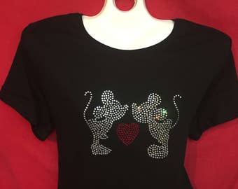 Camisa de mujer con cristales de imitación de Mickey Mouse y Minnie Mouse besándose en una boda de Disney World, tallas S, M, L, XL, tallas grandes 1x, 2X, 3X