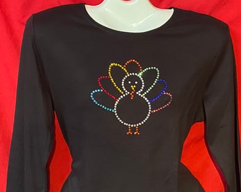 Camisa de mujer con pavo de Acción de Gracias deslumbrante y cristales de estrás. Tallas para mujeres: S, M, L, XL, tallas grandes: 1x, 2x, 3x.