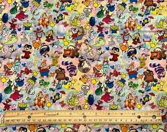 Disney Fabric, Disney CHARACTERS Fabric, Mickey Mouse, Minnie Mouse, Pluto, Stitch, Chip Dale, Cotton, *Sold in Remnant, FQ, 1/2 Yard, Yard*